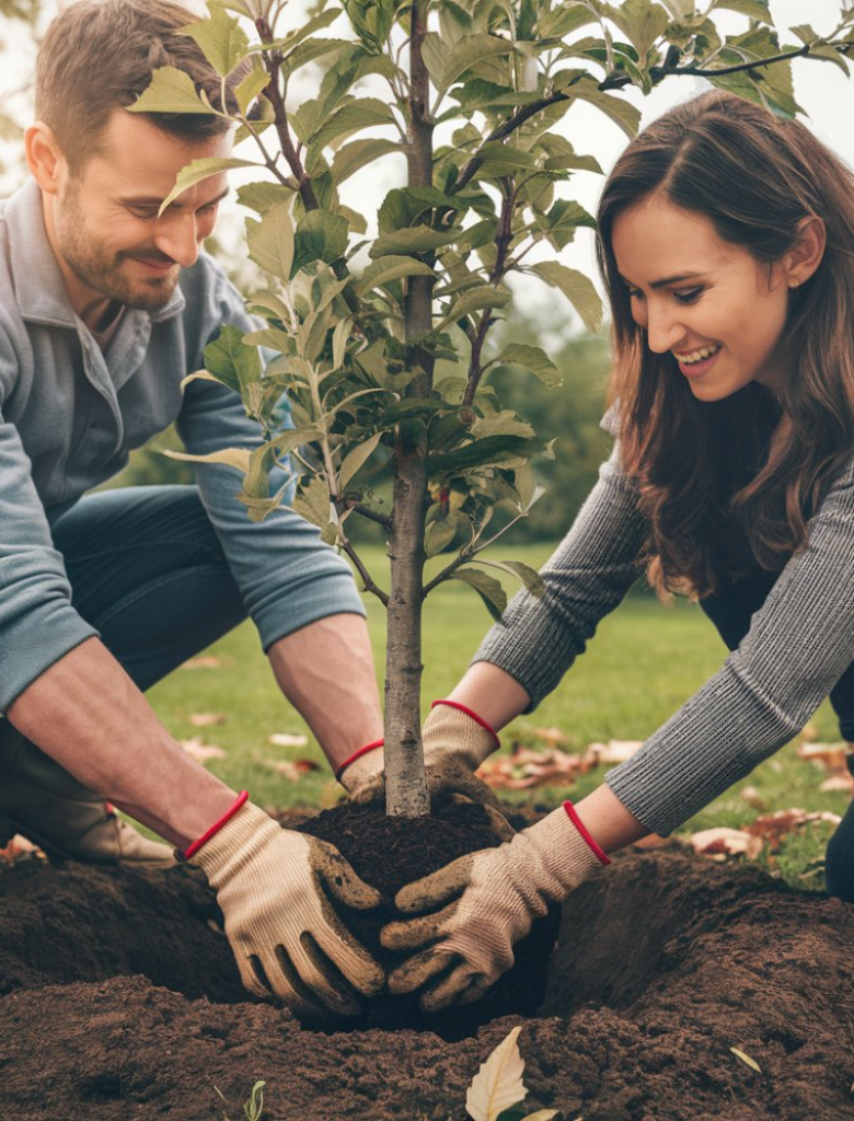 A husband and with smiling as they plant a new tree in the soil.