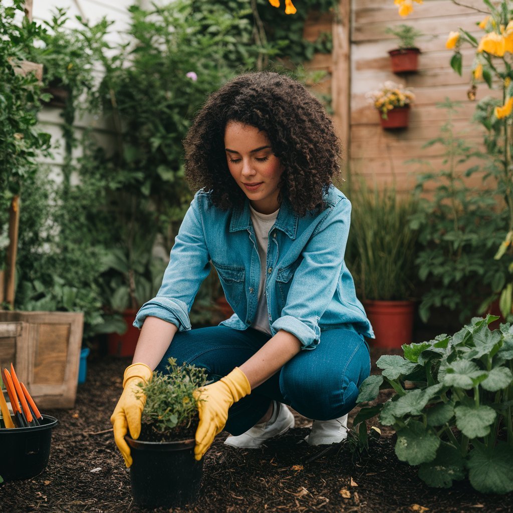 A woman kneeling down to plant a plant in a plastic pot