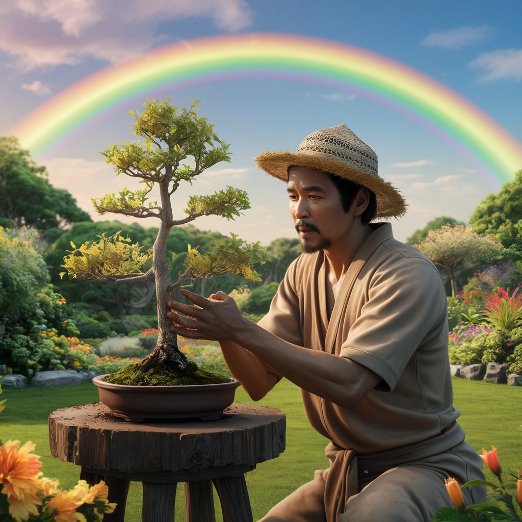 Oriental man working on his bonsai tree with a rainbow in the background.