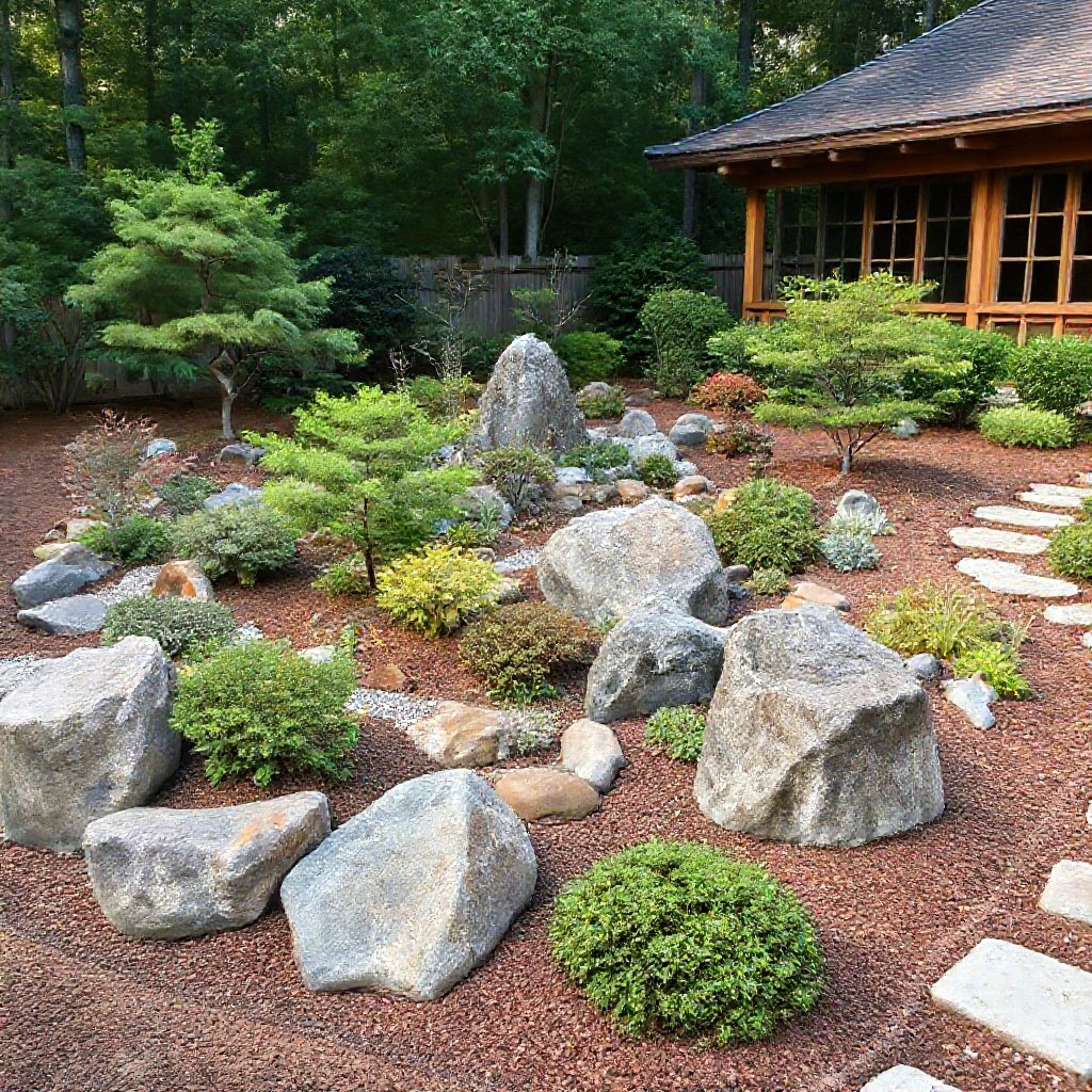 A beautiful Japanese rock garden in the backyard of an American home in South Carolina