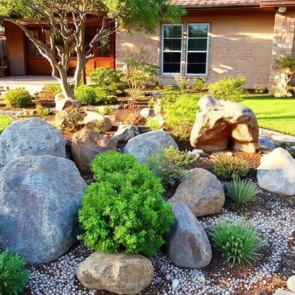 A beautiful Japanese rock garden in the backyard of an American home in Texas.