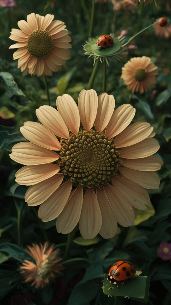 Ladybugs near a peach colored sunflower