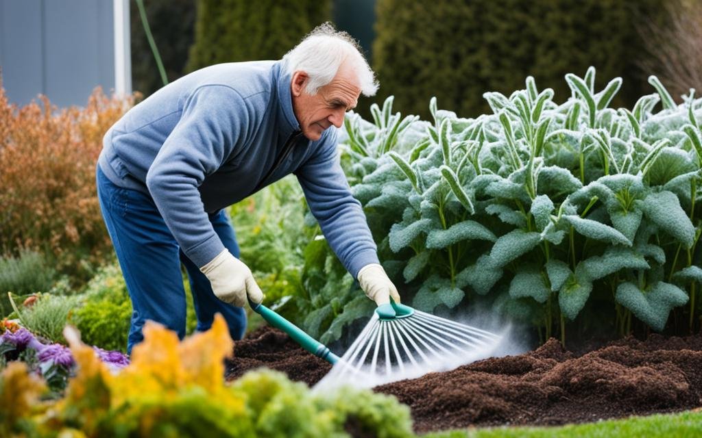 a man using a rake to raking soil in a garden