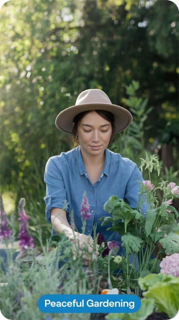 a woman in a hat and blue shirt