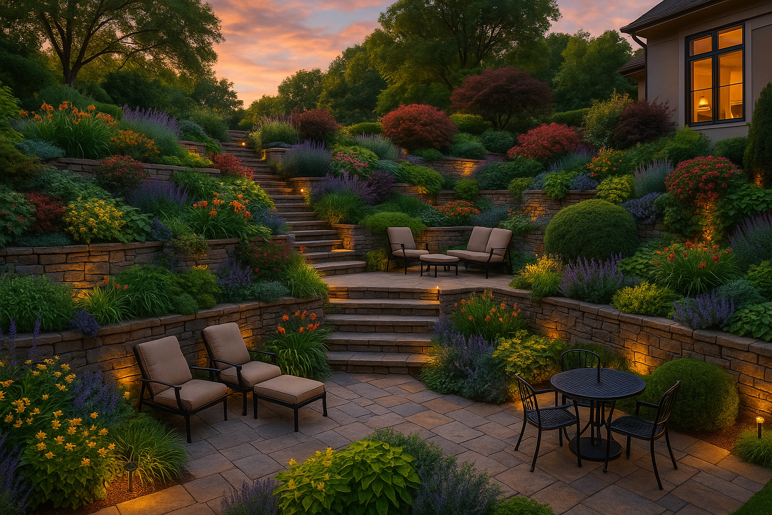Dramatic terraced garden with multiple levels and lighting