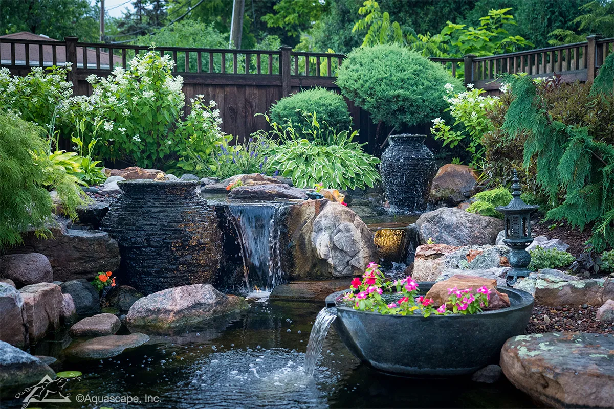 Professional water feature fountain in garden setting