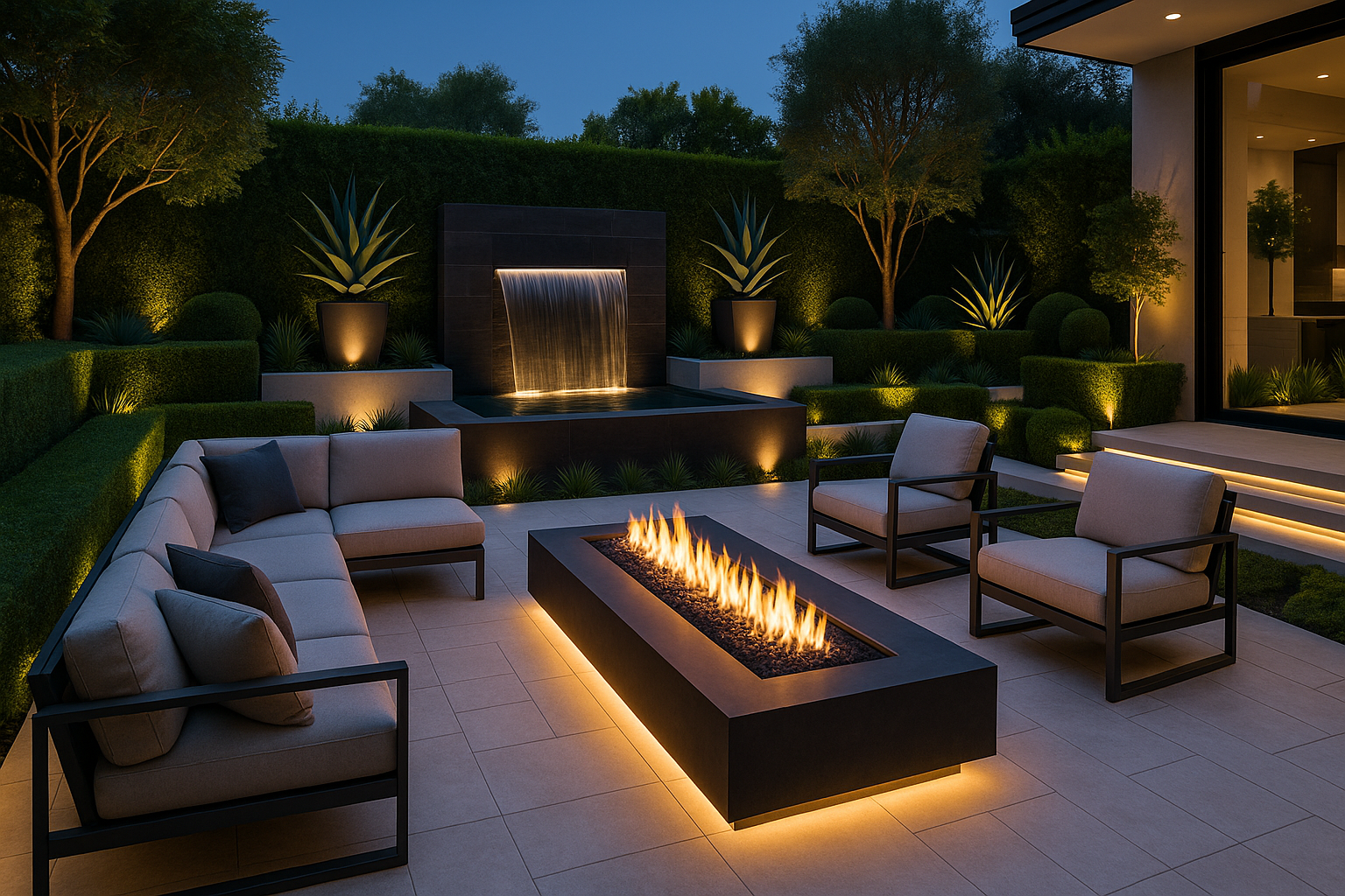 Modern luxury outdoor living room with fire pit and water feature