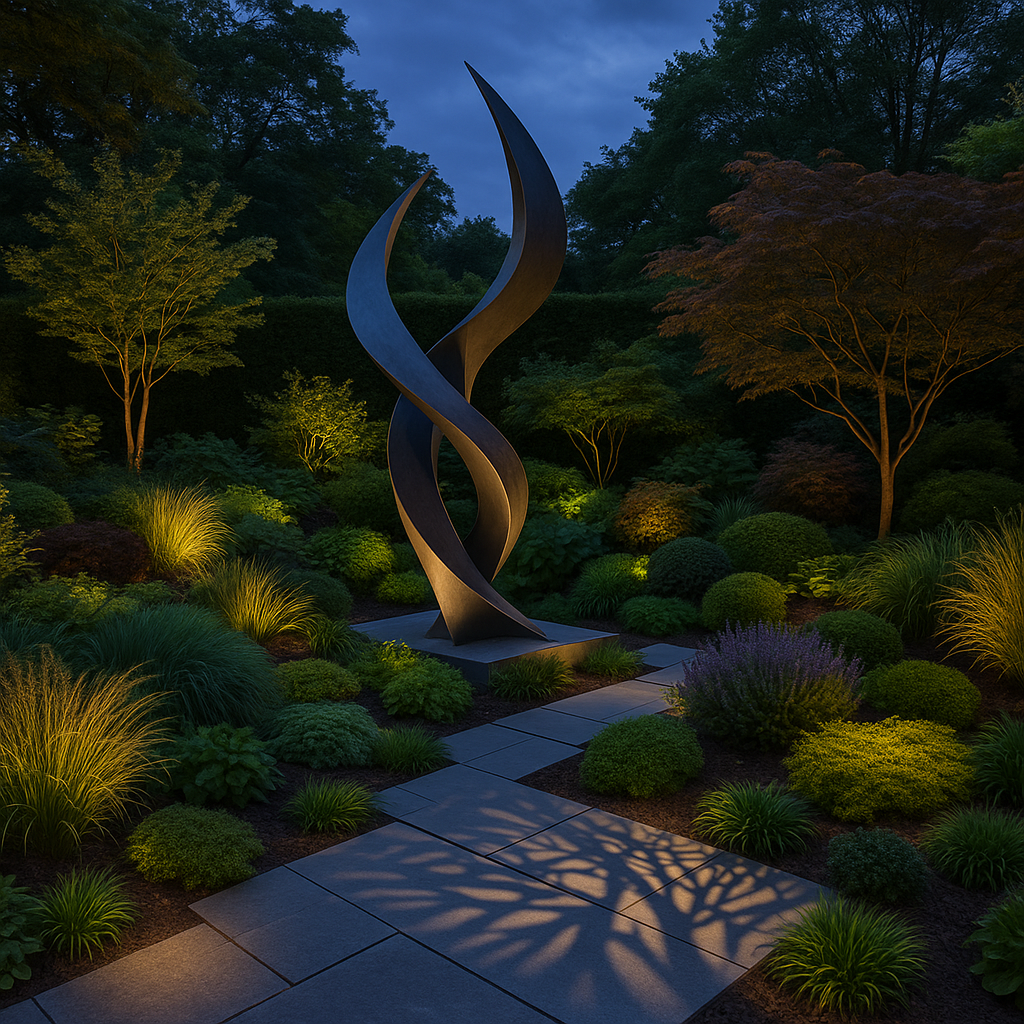 Sculptural garden art with dramatic lighting and landscaping
