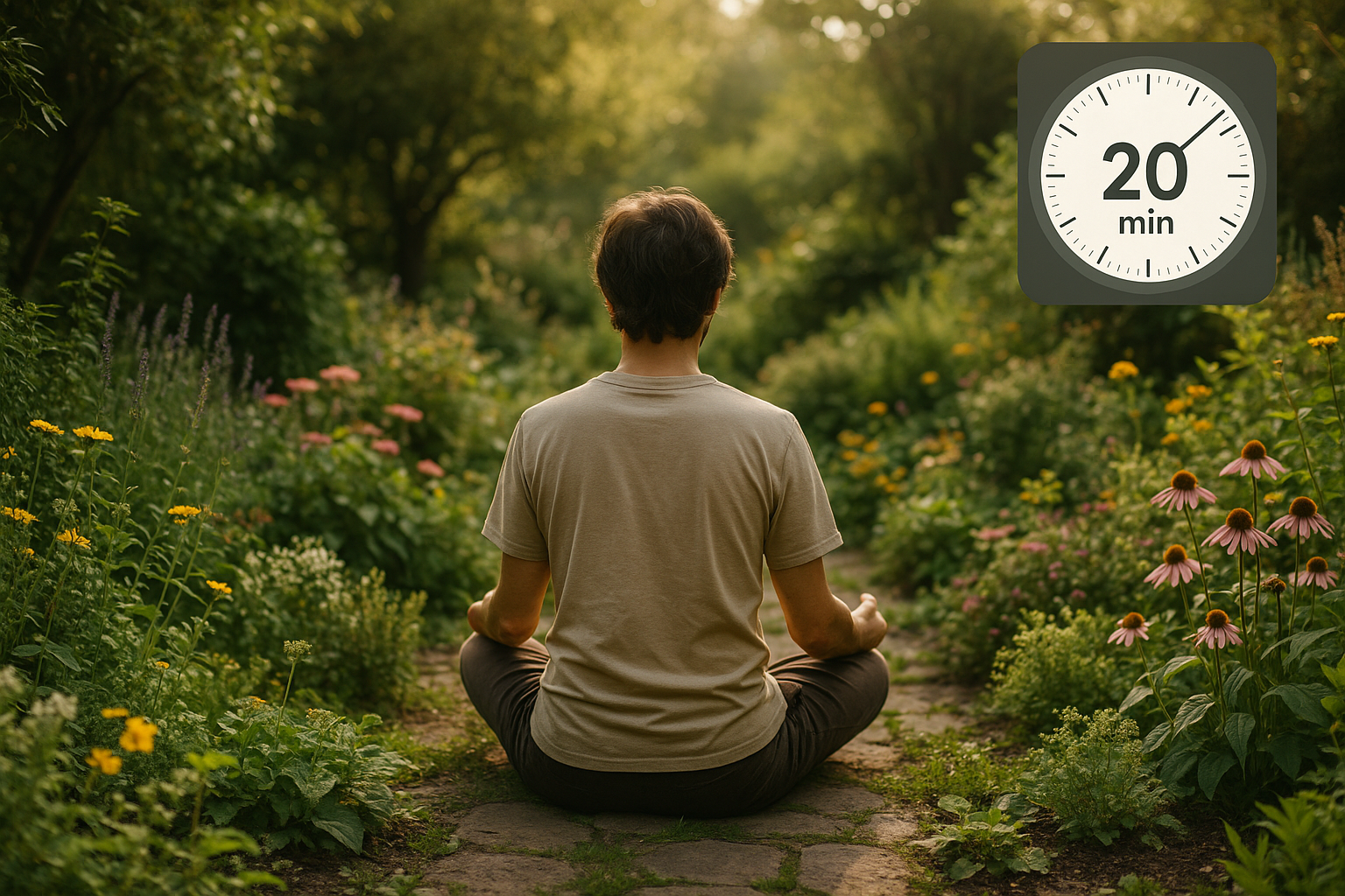 Person meditating in garden with 20-minute timer